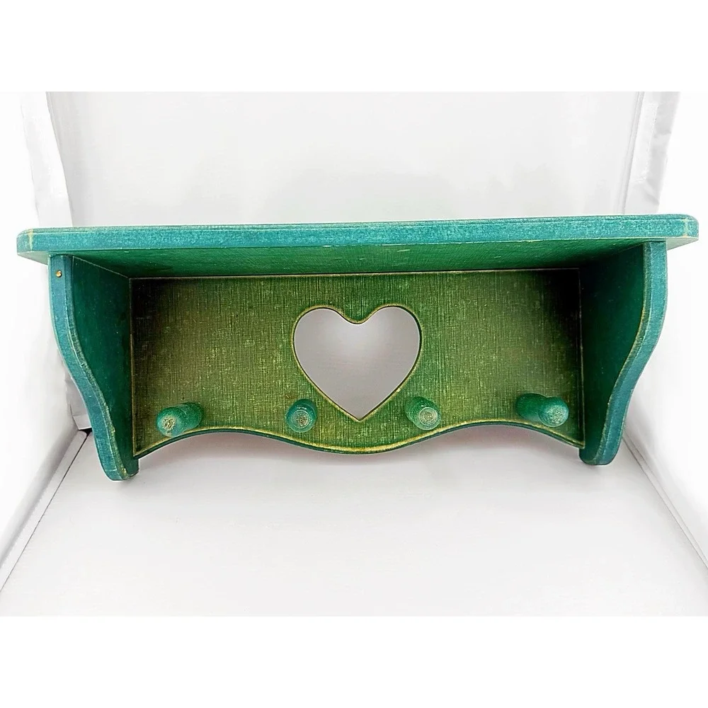 Vintage 1980's Green Wooden Cottagecore Distressed Heart Shelf With 4 Pegs.